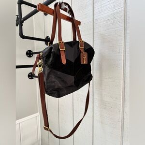 Fossil Black Suede And Leather Chevron Patchwork Purse W/ Brown Leather Trim